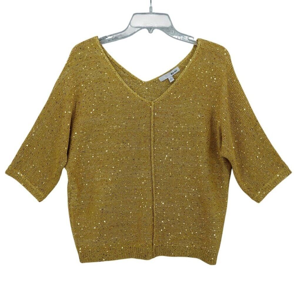 WD.NY Gold Metallic Sequin V-Neck Sweater L